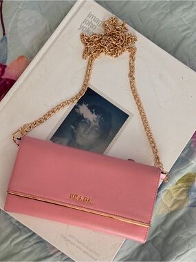 Authentic Prada Pink Saffiano Crossbody Wallet with Gold Chain Strap